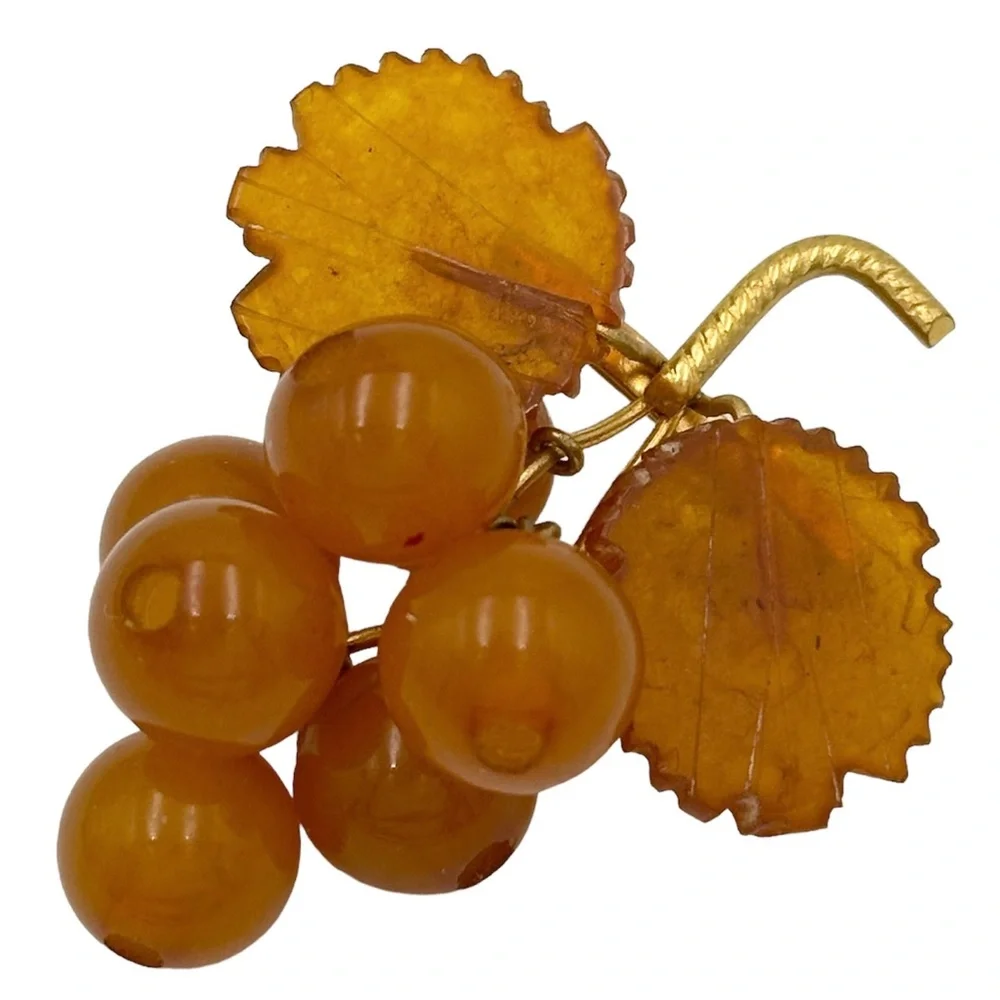 Russian Amber Grape Brooch Baltic Butterscotch Gold Plated Kaliningrad 80s